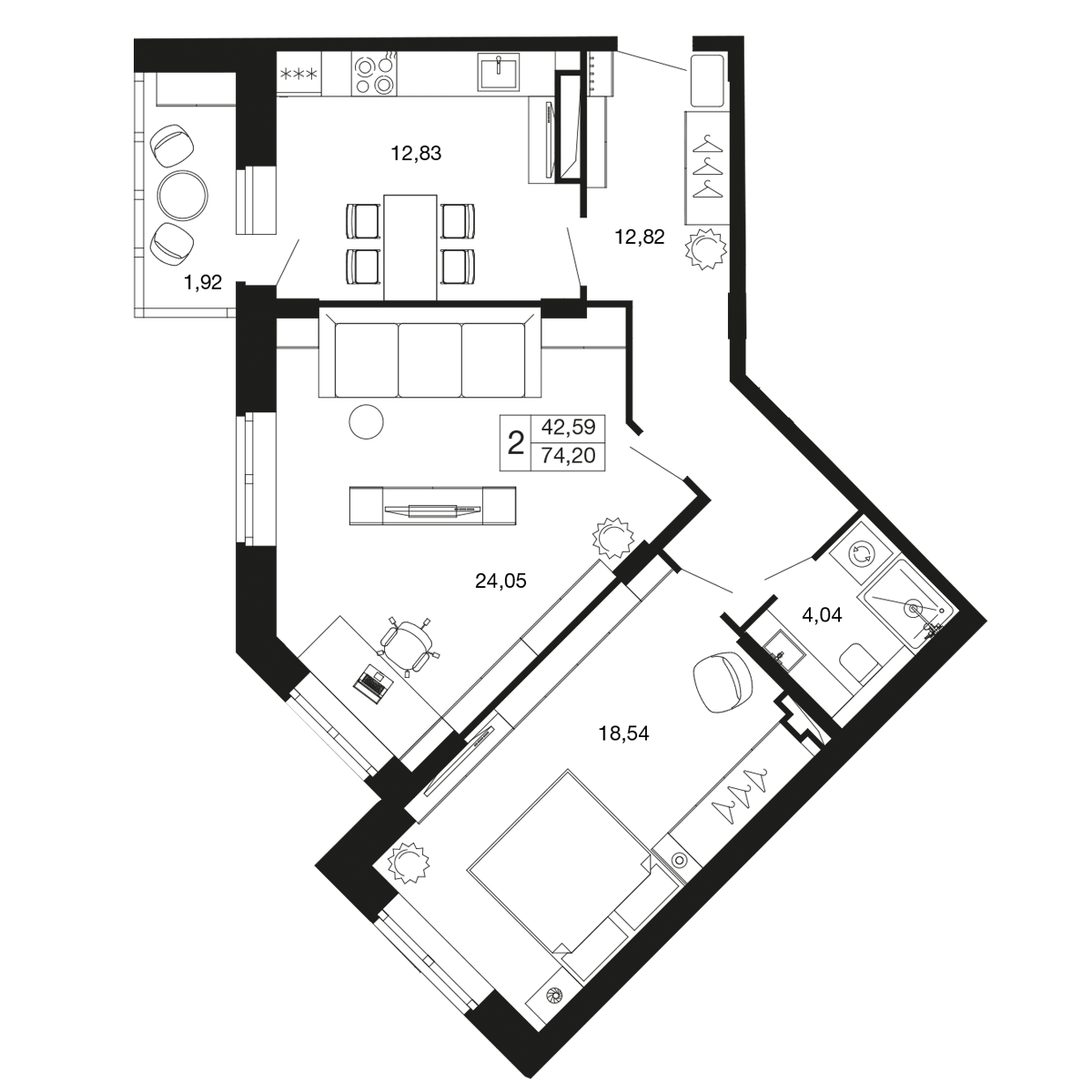 2-комнатная 74 м2 в ЖК Времена года корпус null этаж 6