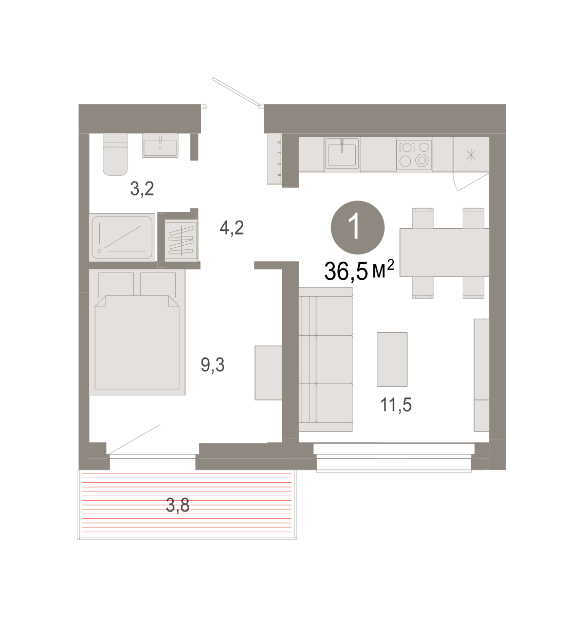 1-комнатная 36 м2 в ЖК Квартал Нефть корпус null этаж 9