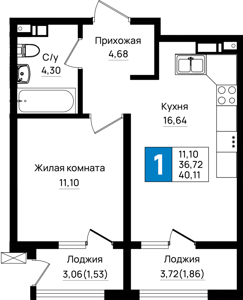 1-комнатная 40 м2 в ЖК Резиденция морей корпус null этаж 7