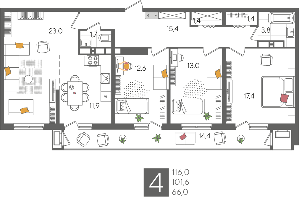 4-комнатная 116 м2 в ЖК Рекорд 2 корпус null этаж 23