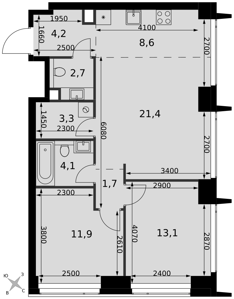 3-комнатная 71 м2 в ЖК Амбер Сити корпус null этаж 13