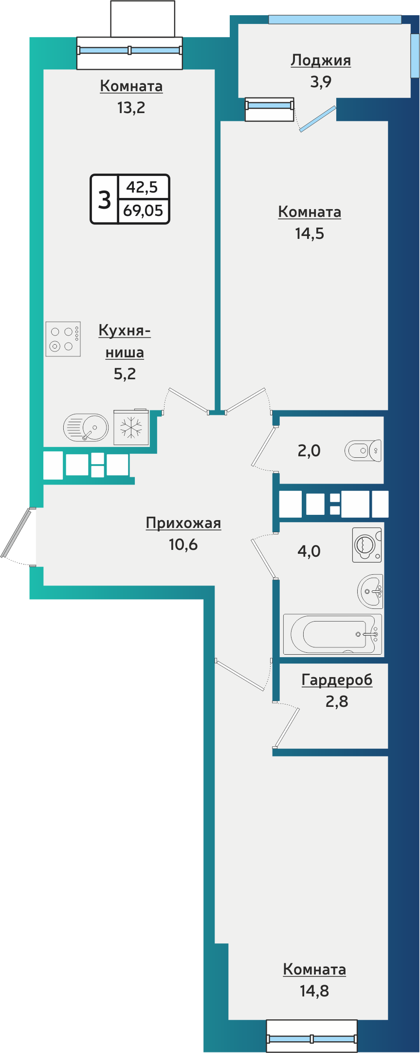 3-комнатная 69 м2 в ЖК Forest корпус null этаж 3