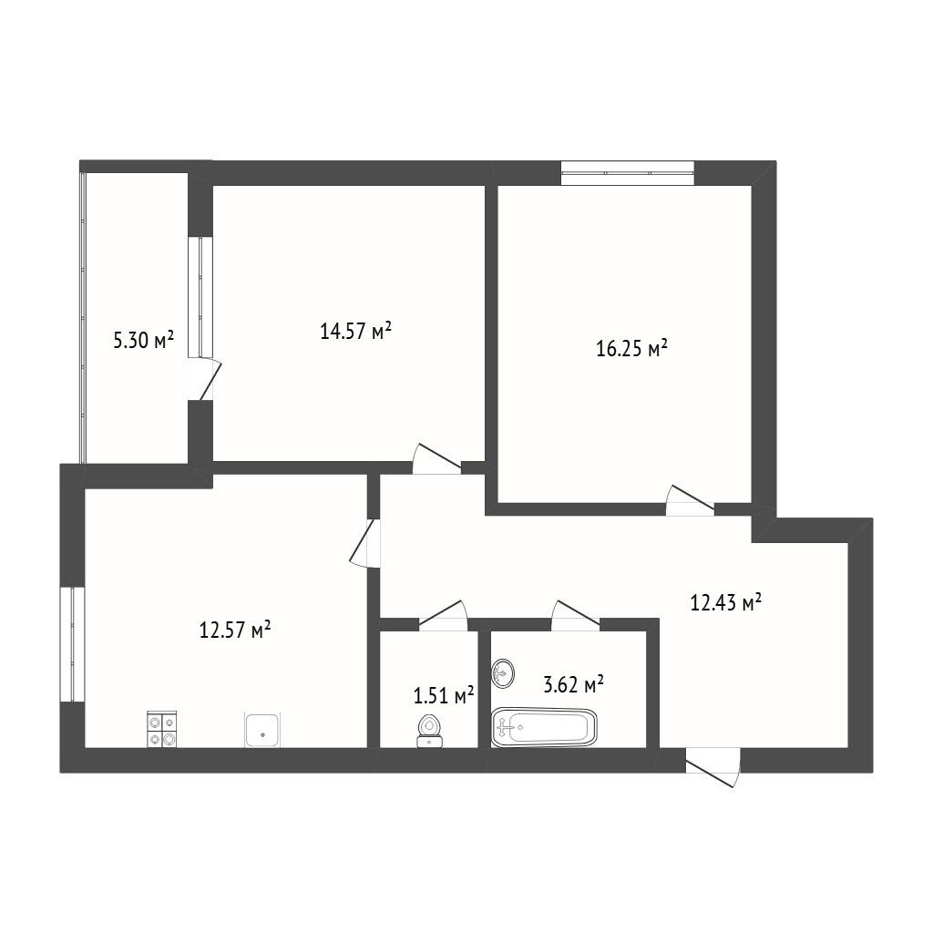 2-комнатная 60.9 м2 в ЖК undefined корпус null этаж 14