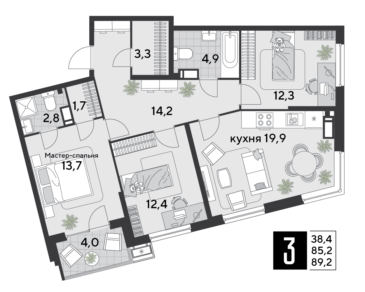 3-комнатная 88 м2 в ЖК Парк Победы 2 корпус null этаж 10