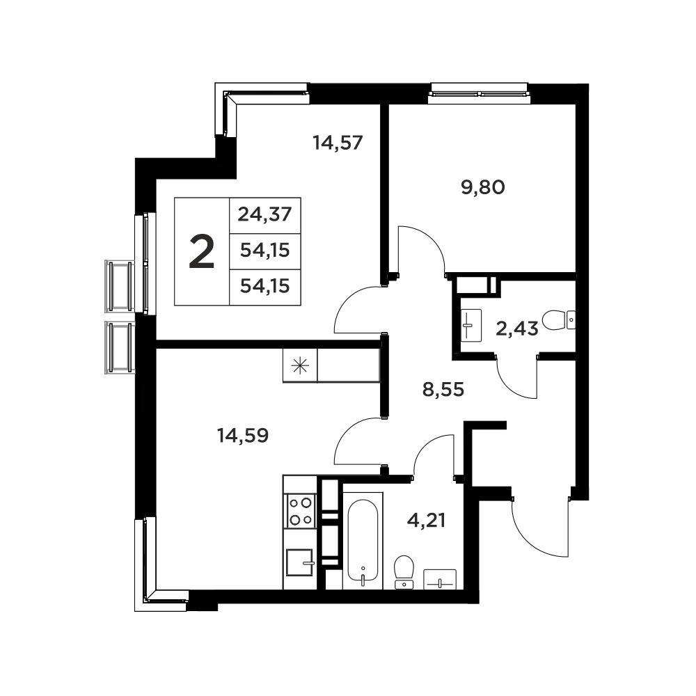 2-комнатная 54 м2 в ЖК Соседи корпус null этаж 5