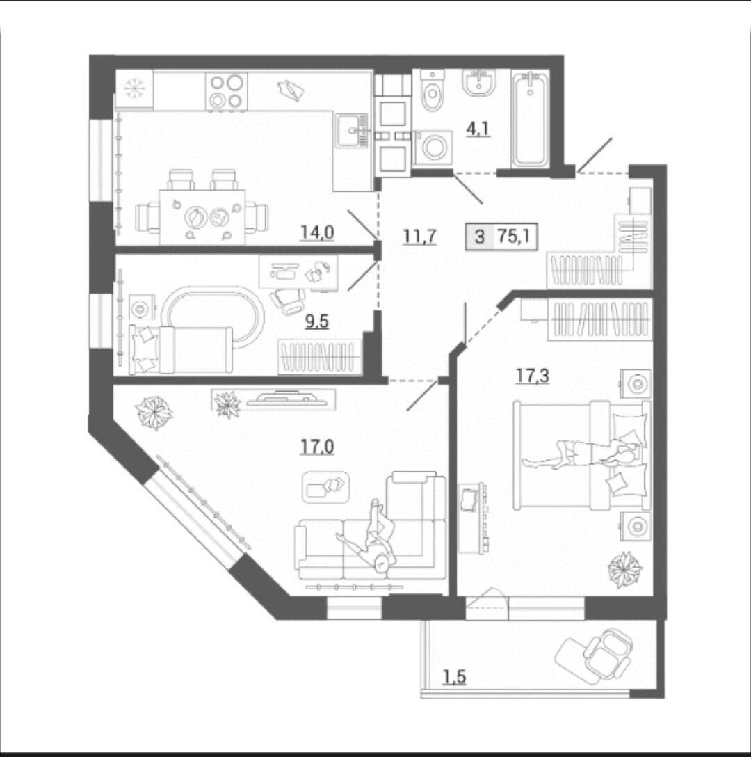 3-комнатная 75.1 м2 в ЖК undefined корпус null этаж 13