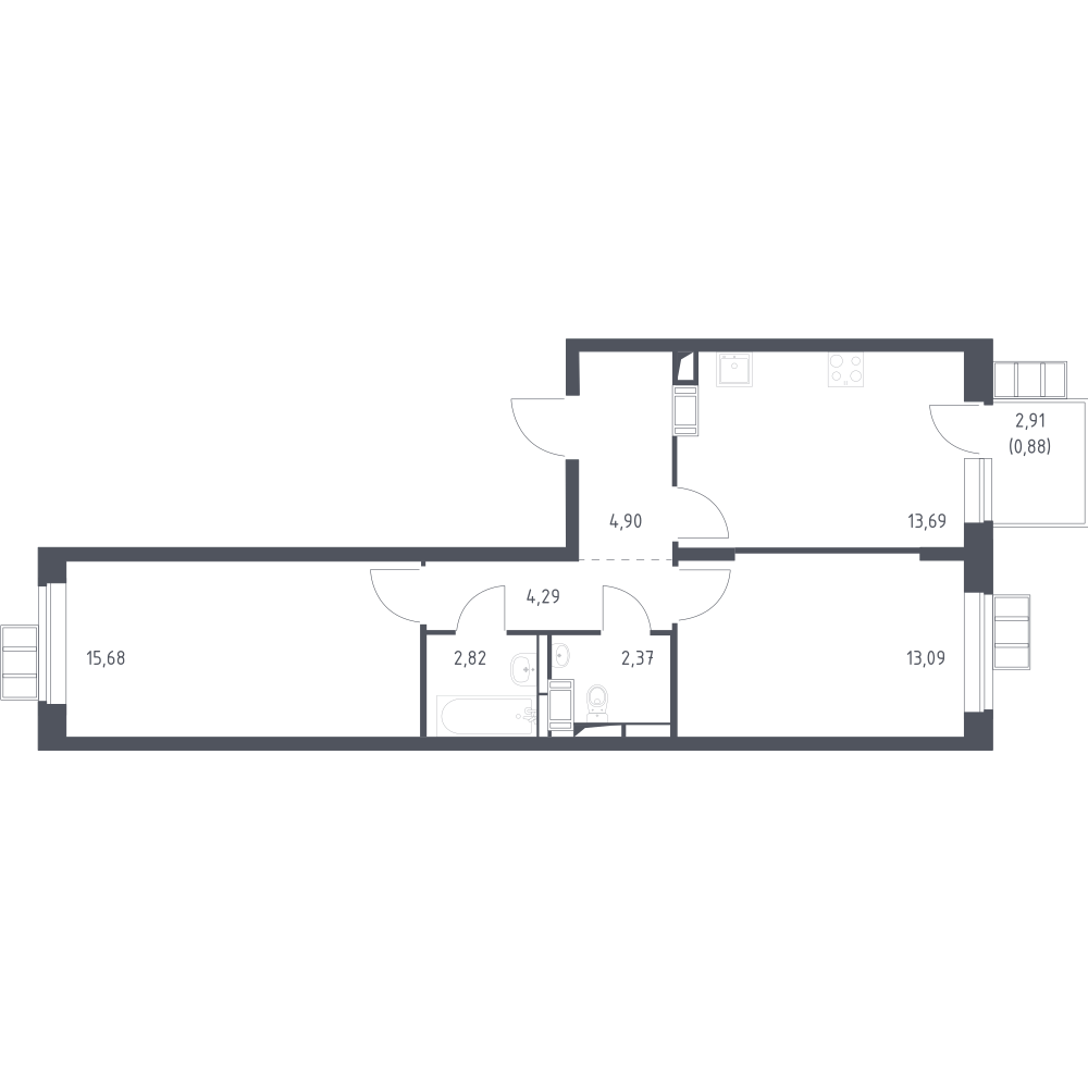 2-комнатная 57 м2 в ЖК Алхимово корпус null этаж 5
