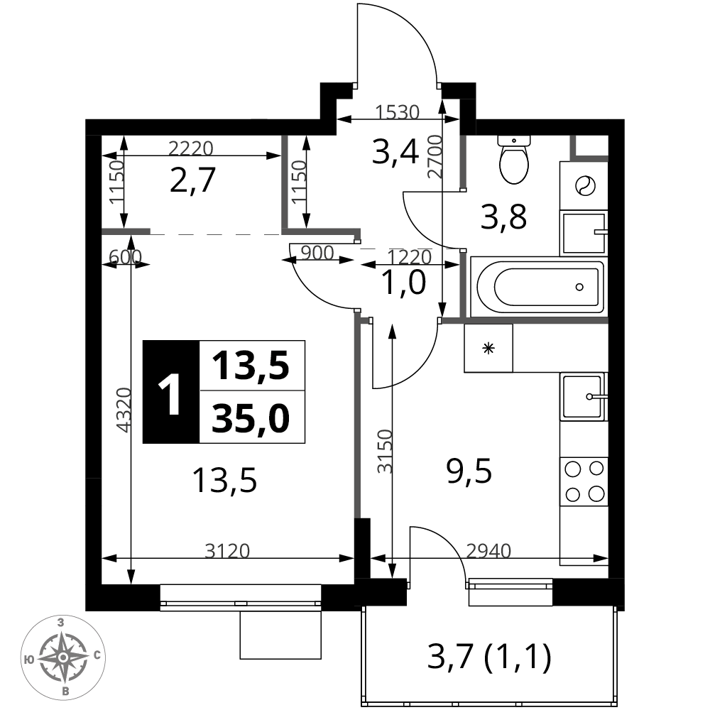 1-комнатная 35 м2 в ЖК 1-й Шереметьевский корпус null этаж 7