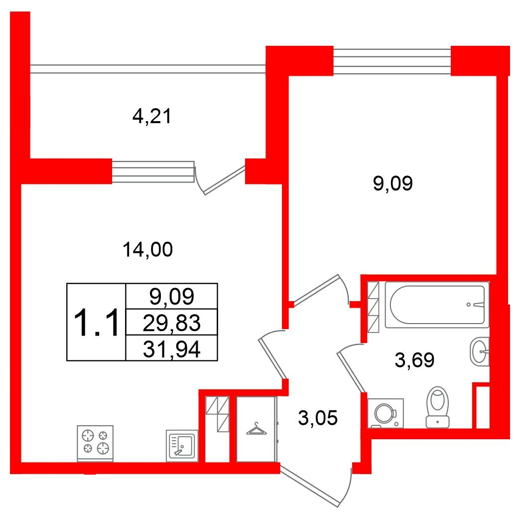 1-комнатная 29 м2 в ЖК Univer City корпус null этаж 4