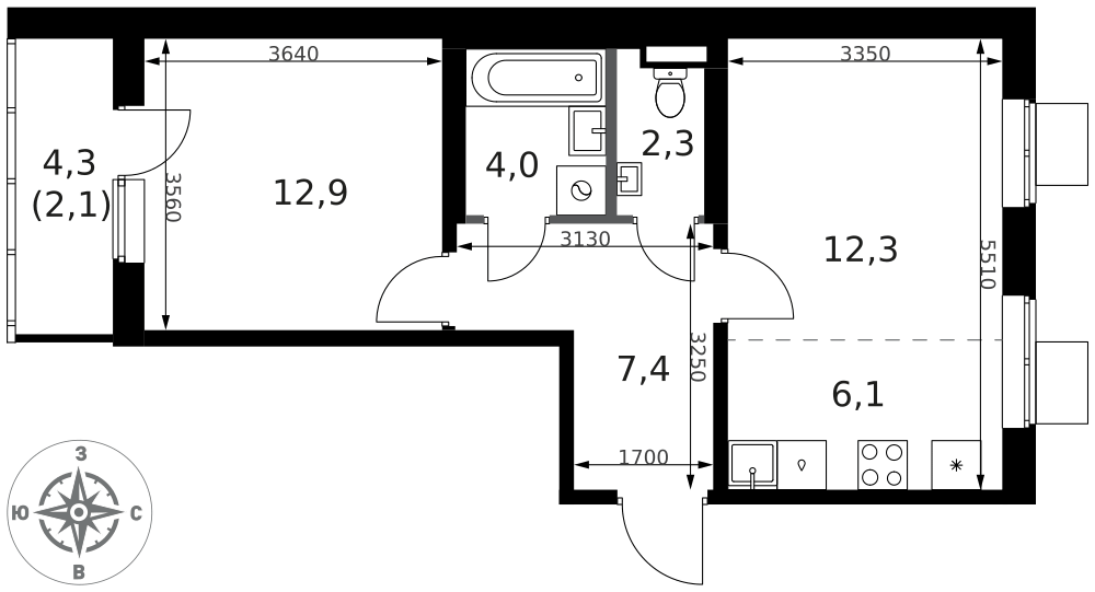 2-комнатная 47 м2 в ЖК 1-й Ясеневский корпус null этаж 3