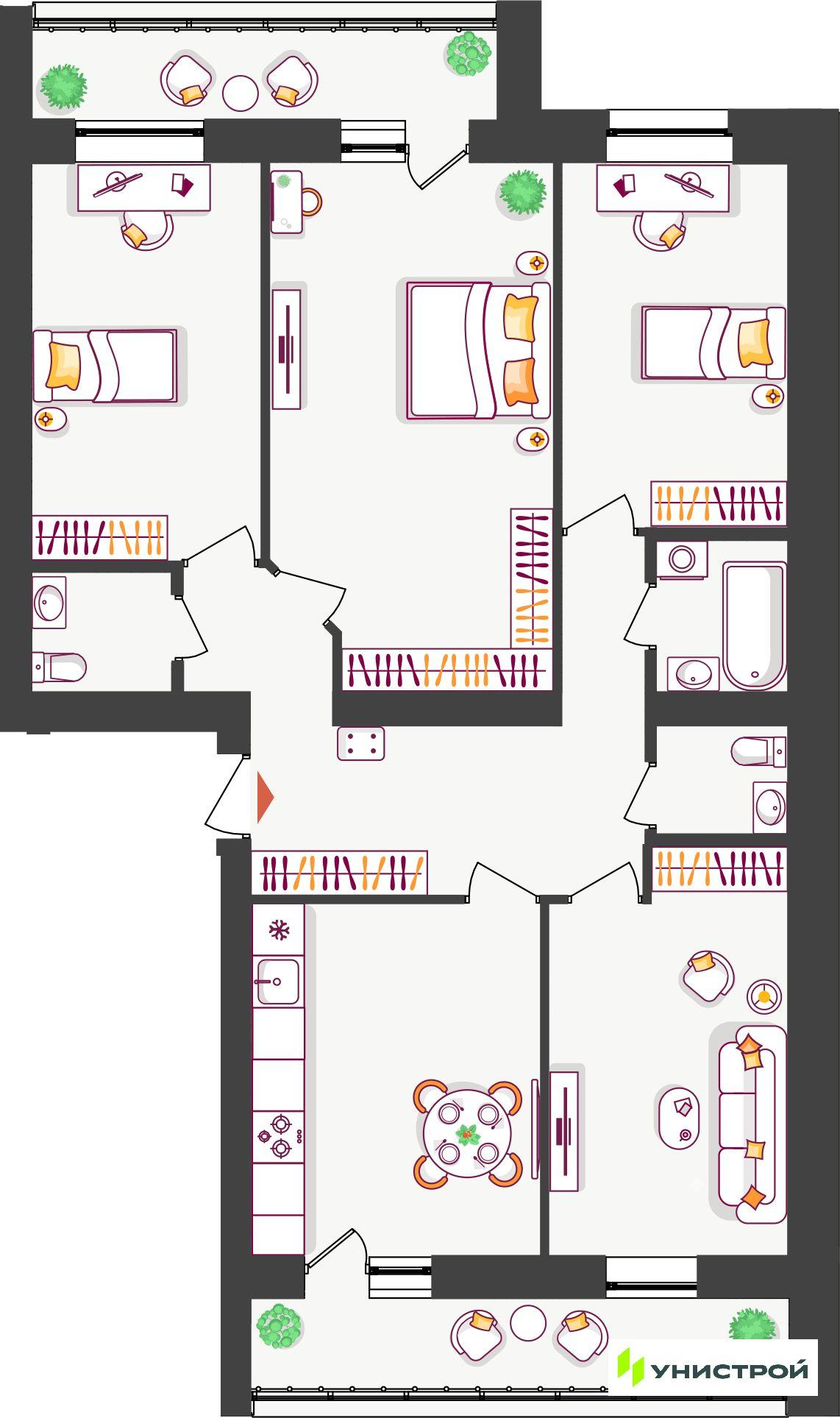 4-комнатная 97 м2 в ЖК Южный бульвар корпус null этаж 7