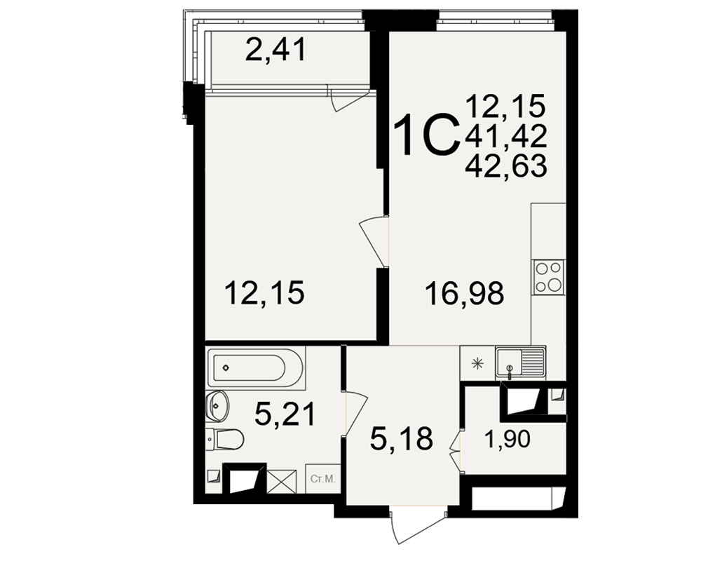 1-комнатная 41 м2 в ЖК Большая история корпус null этаж 13