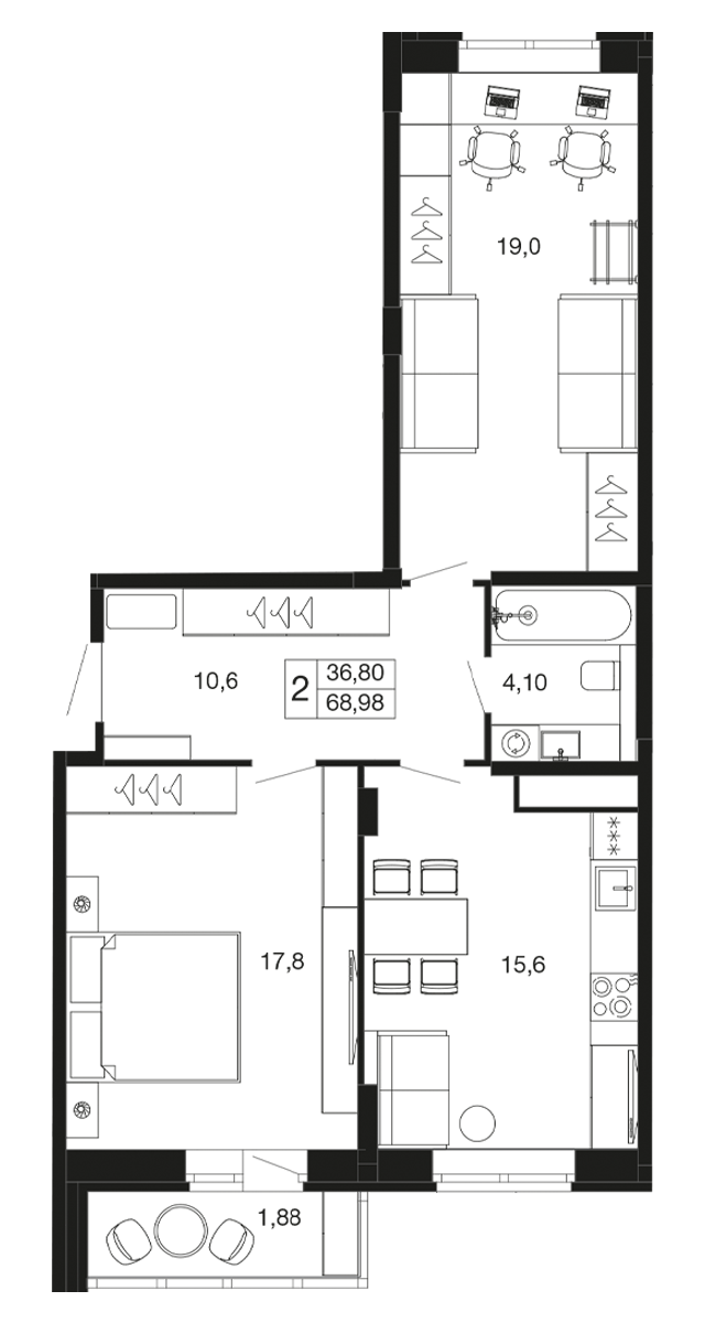 2-комнатная 68 м2 в ЖК Времена года корпус null этаж 5