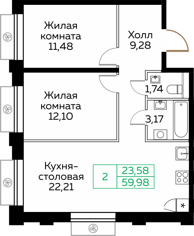2-комнатная 60 м2 в ЖК Кит корпус null этаж 7