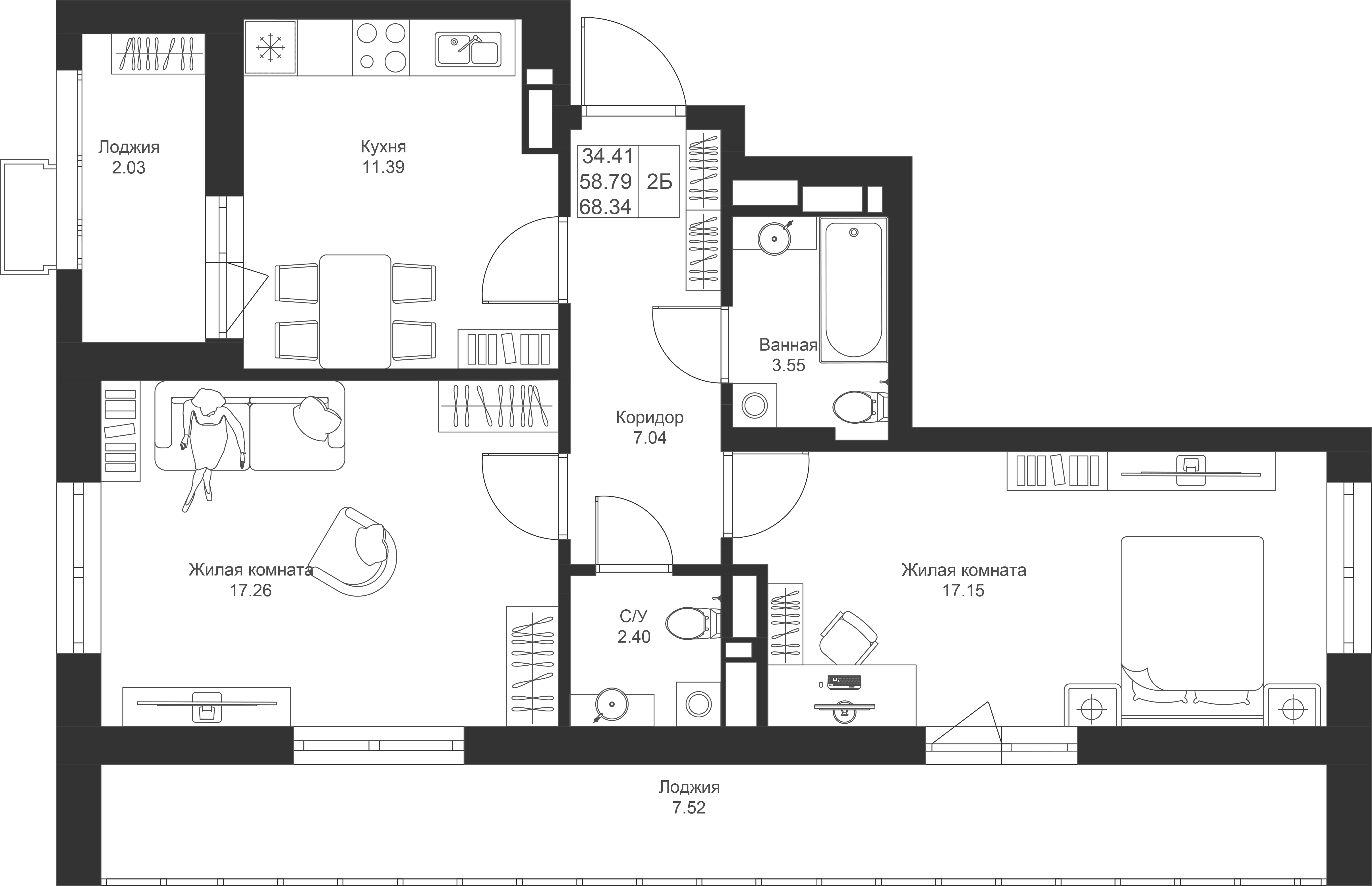 2-комнатная 68 м2 в ЖК Солнечный город корпус null этаж 2