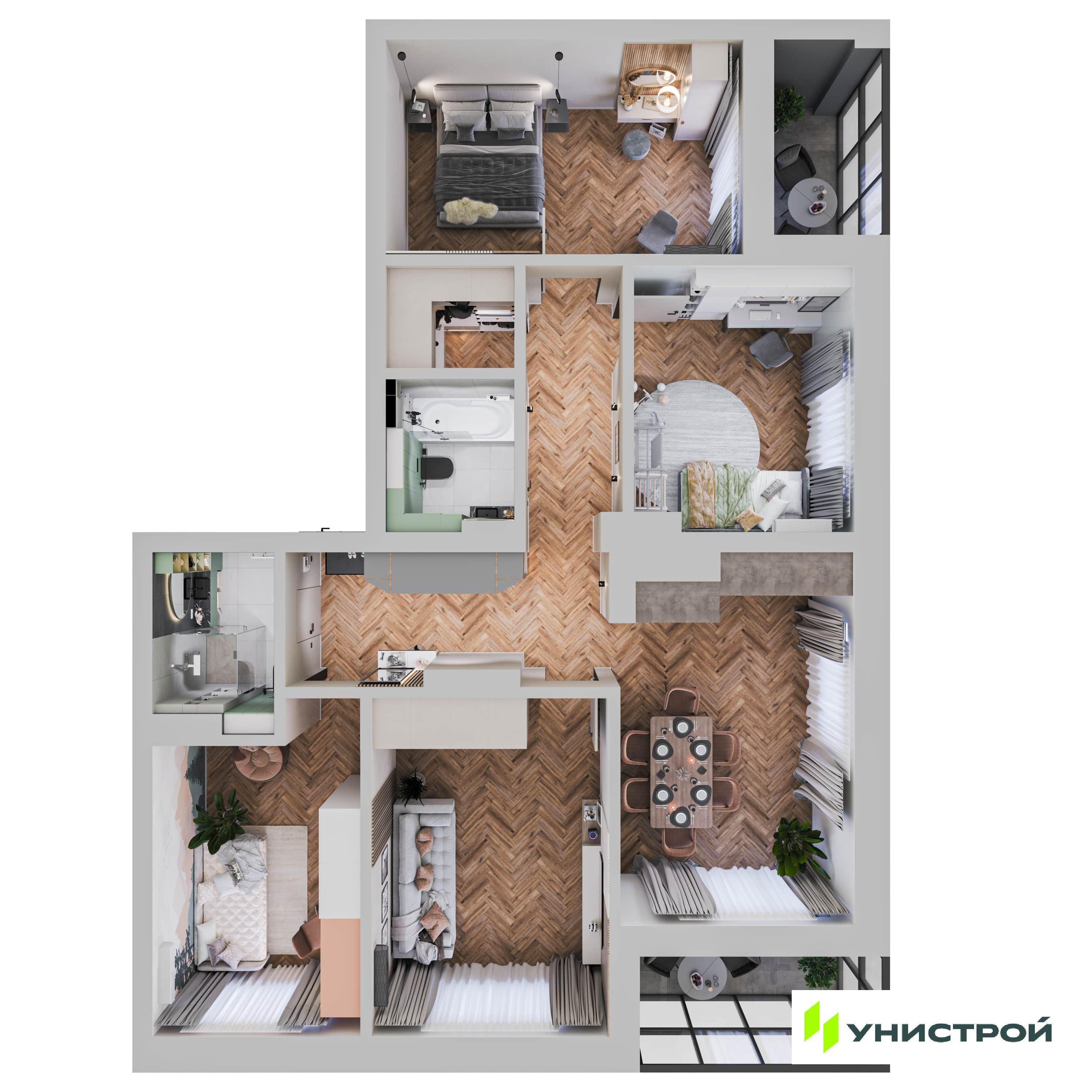 4-комнатная 106 м2 в ЖК Уникум на Ленинском корпус null этаж 13