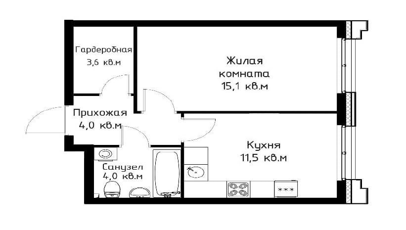 1-комнатная 38.2 м2 в ЖК undefined корпус null этаж 2