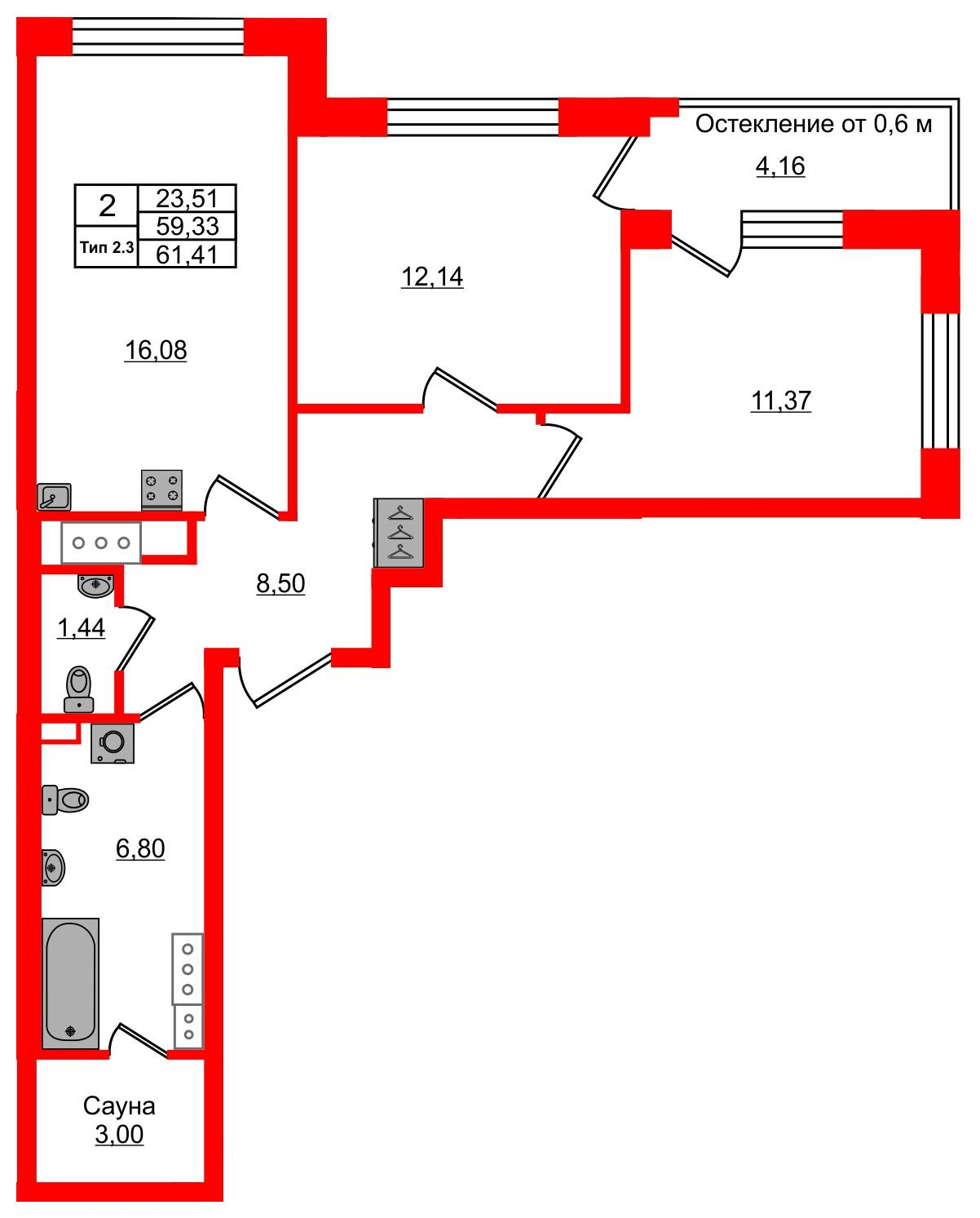 2-комнатная 59 м2 в ЖК Setl Ривьера корпус null этаж 11