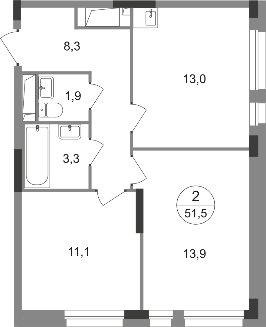 2-комнатная 51 м2 в ЖК Первый Московский корпус null этаж 10