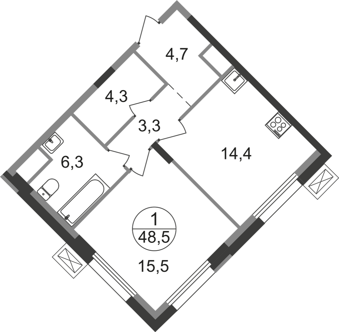 1-комнатная 48 м2 в ЖК Резиденции Сколково корпус null этаж 5
