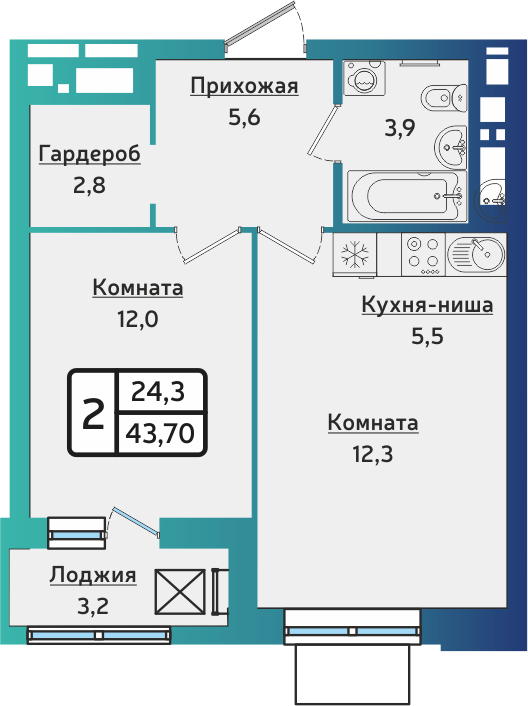 2-комнатная 43 м2 в ЖК ARTNOVA корпус null этаж 11