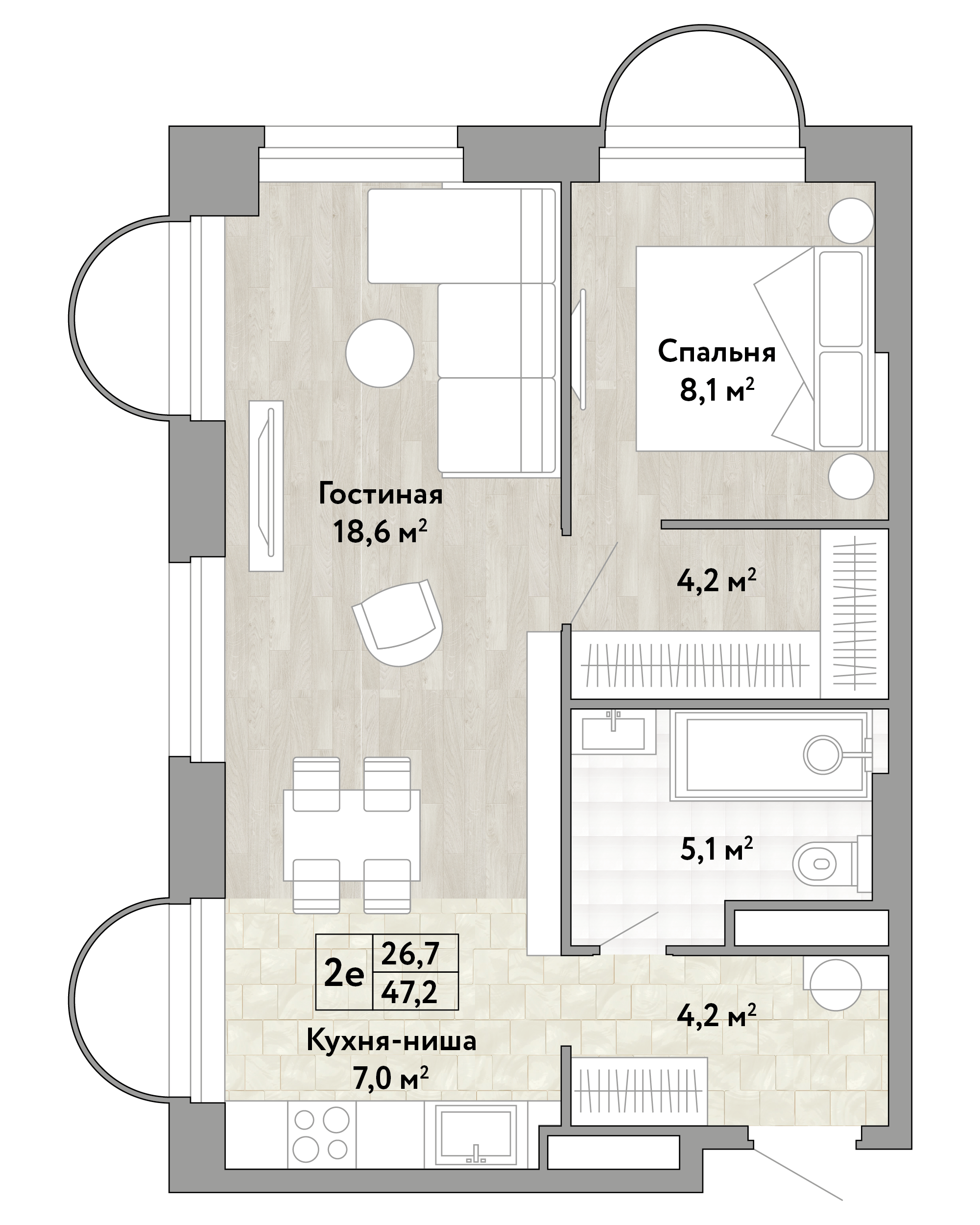 1-комнатная 47 м2 в ЖК Новые Смыслы корпус null этаж 6