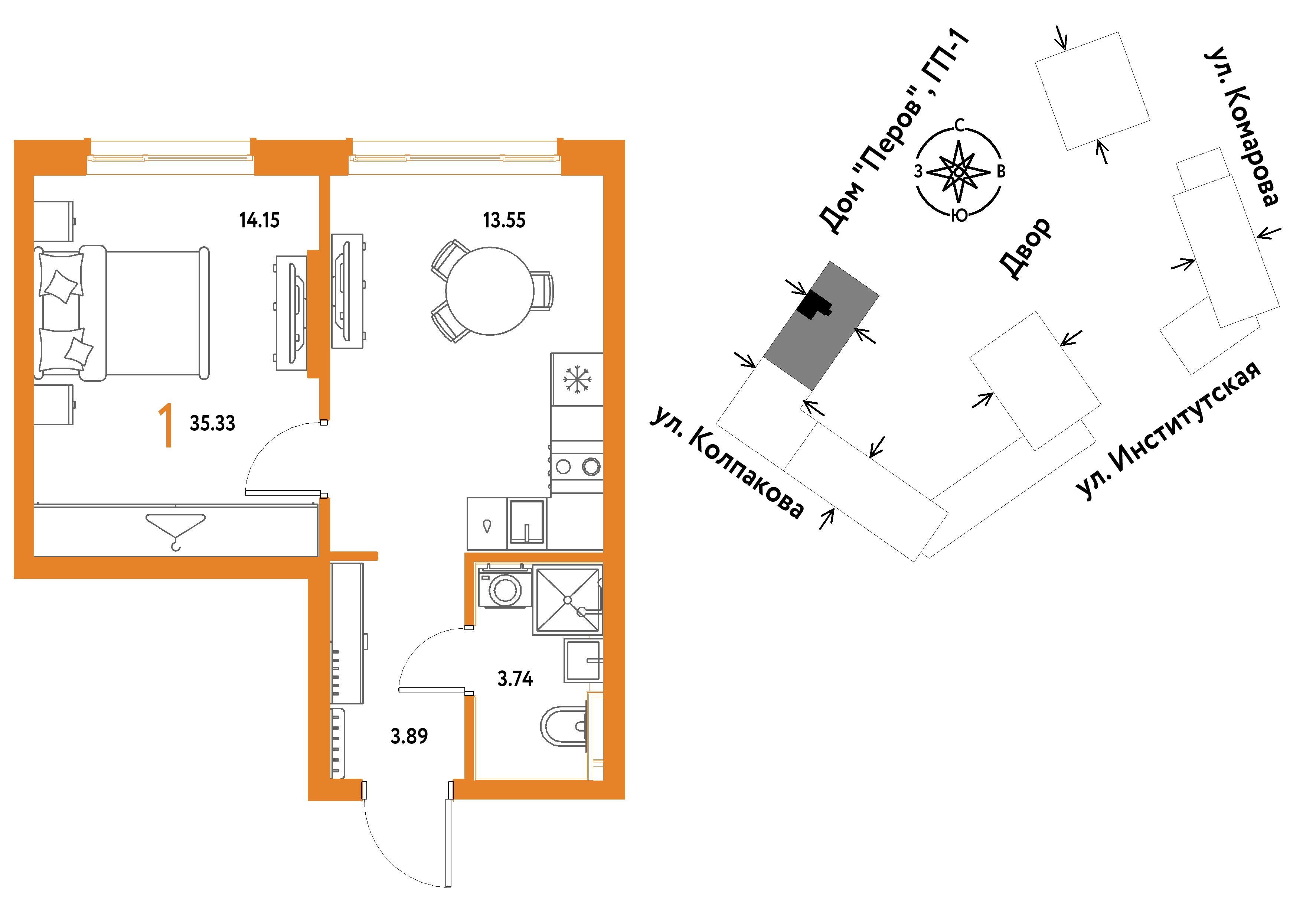 1-комнатная 35 м2 в ЖК Страна.Парковая корпус null этаж 16
