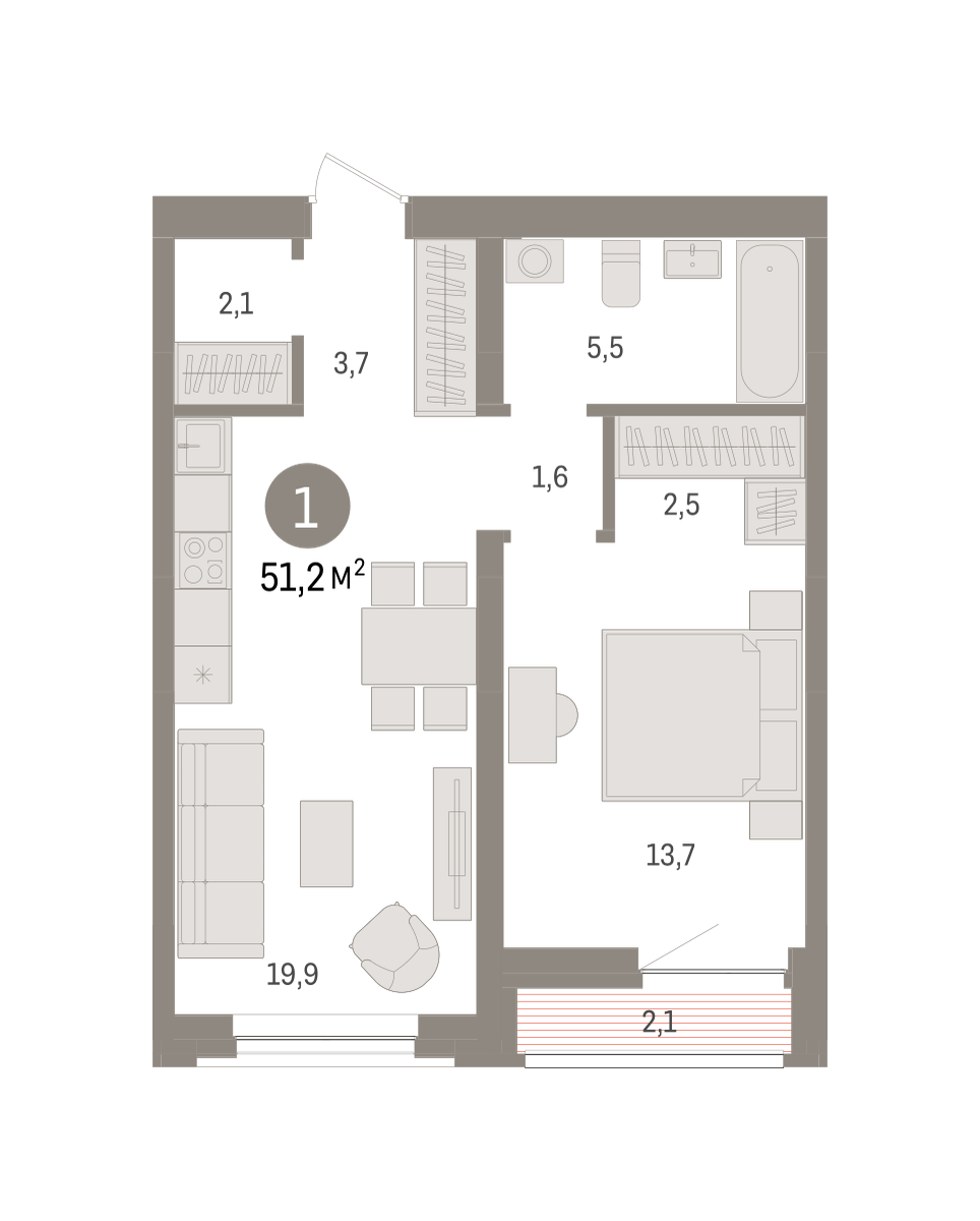 1-комнатная 50 м2 в ЖК Речной порт корпус null этаж 2