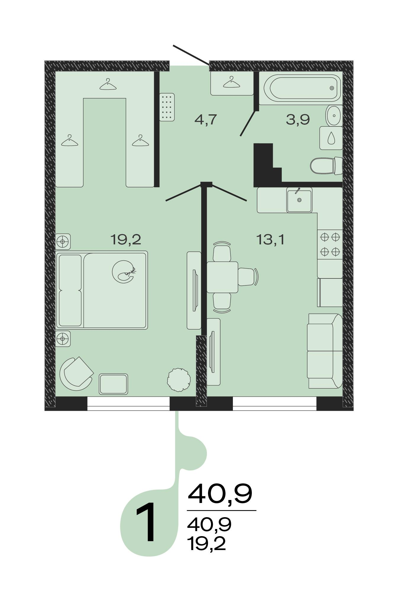 1-комнатная 40 м2 в ЖК ЭВО корпус null этаж 1
