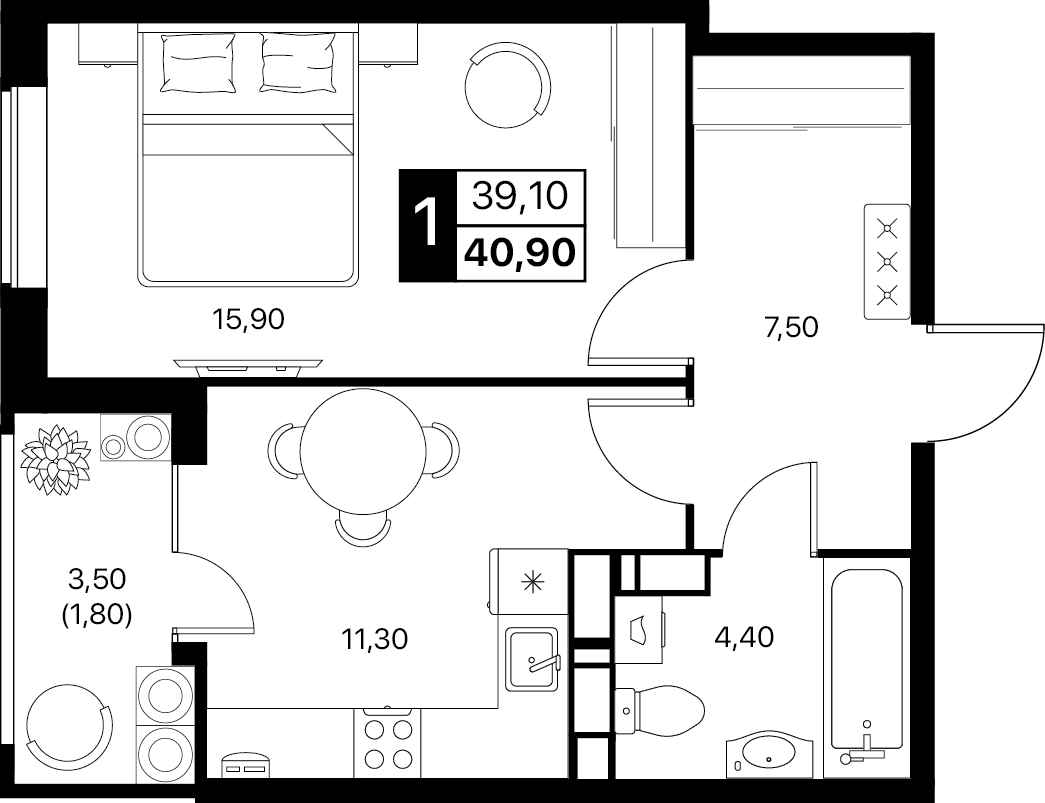 1-комнатная 40 м2 в ЖК Эстет корпус null этаж 15