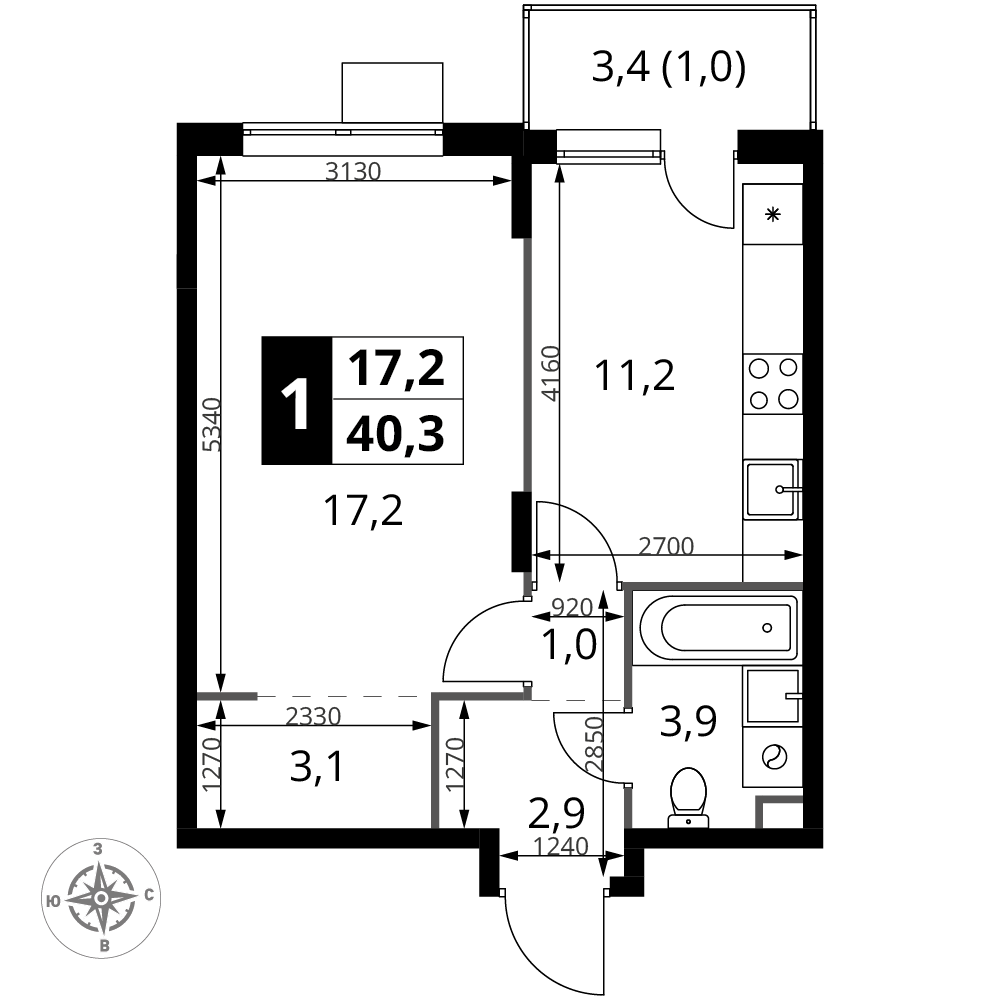 1-комнатная 40 м2 в ЖК 1-й Шереметьевский корпус null этаж 15
