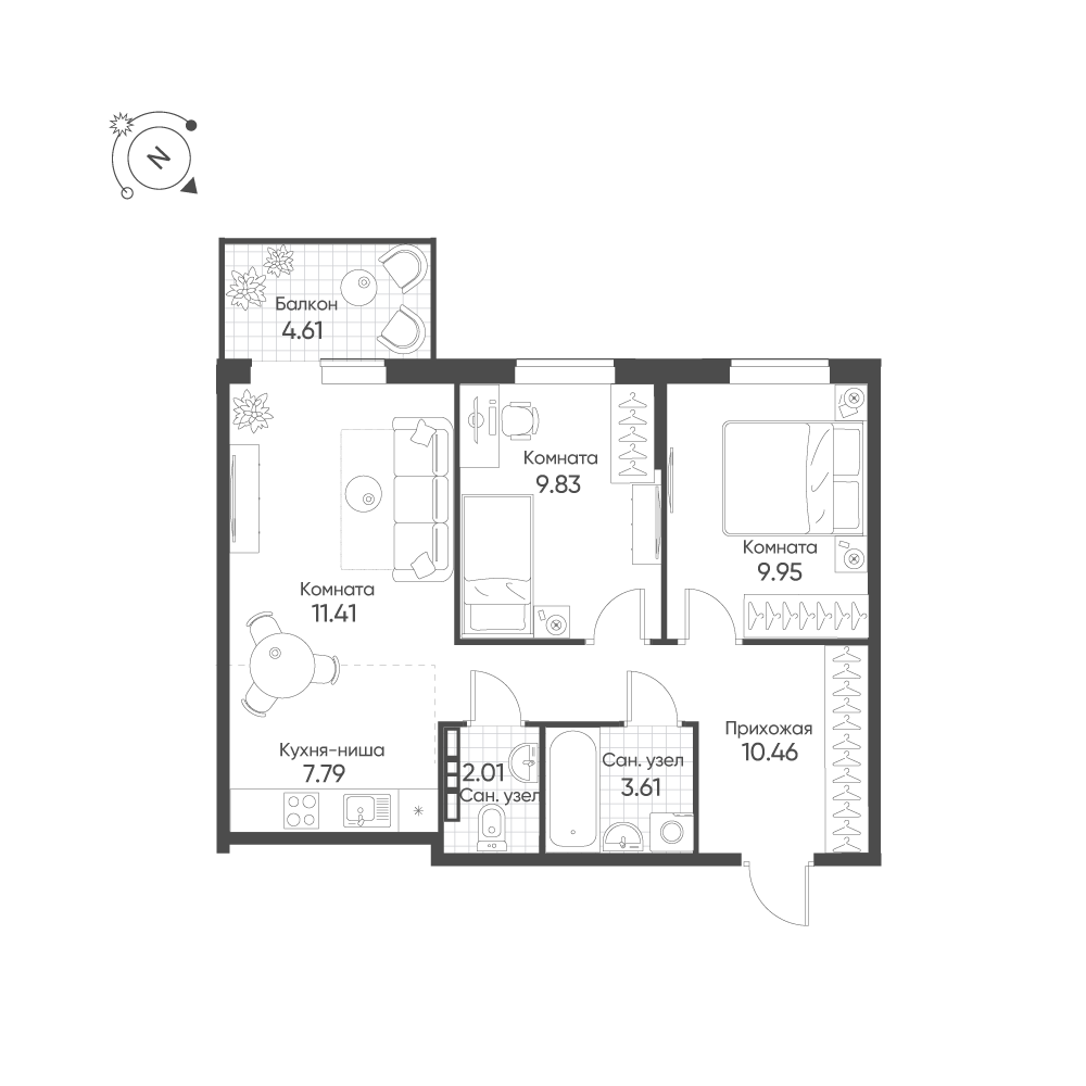 2-комнатная 56 м2 в ЖК Балтым-Парк корпус null этаж 4