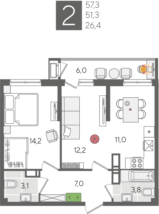 2-комнатная 56 м2 в ЖК Рекорд 2 корпус null этаж 15