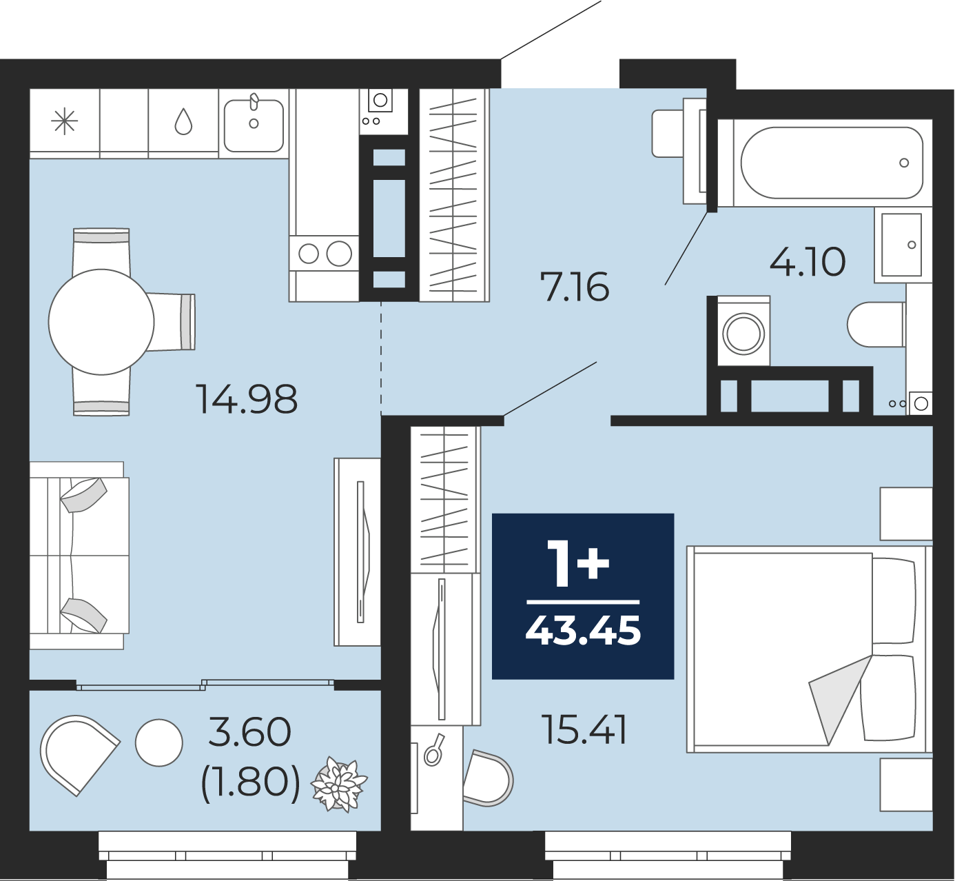 1-комнатная 41 м2 в ЖК Прео корпус null этаж 14