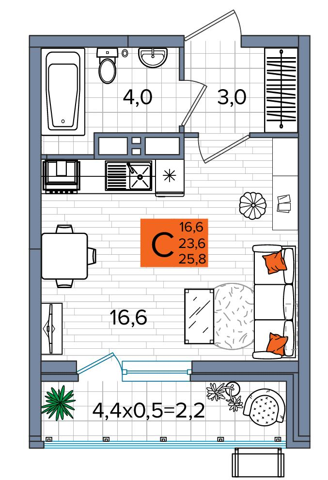Студия 25 м2 в ЖК Сармат корпус null этаж 2