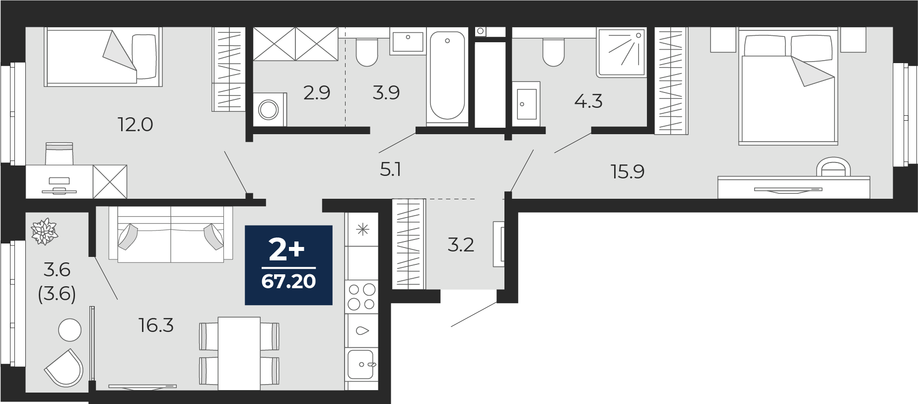 2-комнатная 67 м2 в ЖК Мириады корпус null этаж 12