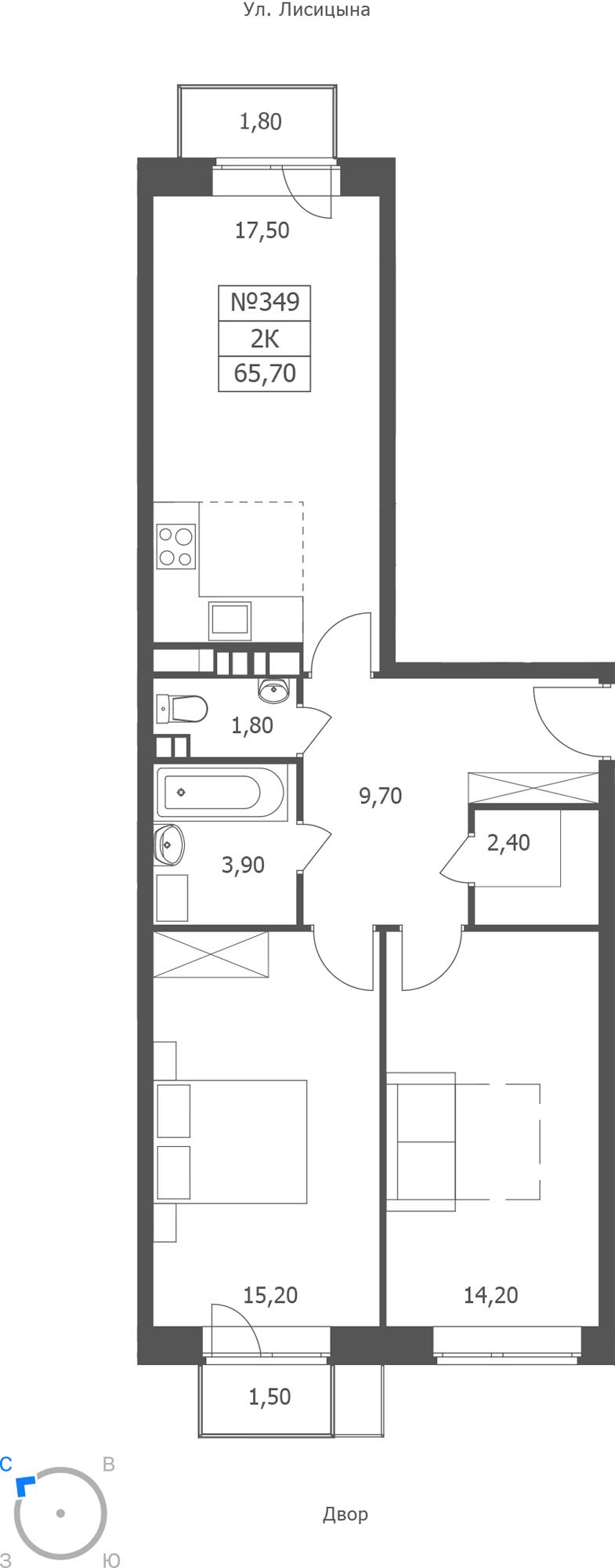 2-комнатная 65 м2 в ЖК ЭРА корпус null этаж 10