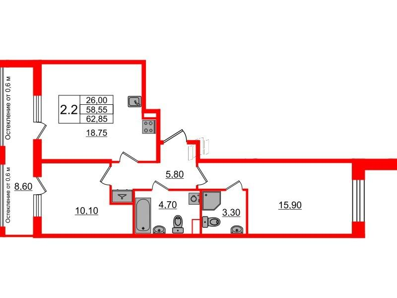 2-комнатная 58 м2 в ЖК Бионика Заповедная корпус null этаж 2