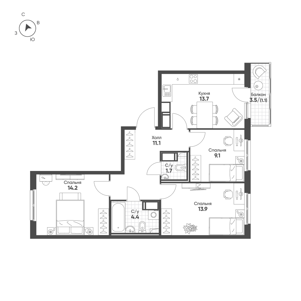 3-комнатная 69 м2 в ЖК Клюква.Парк корпус null этаж 9