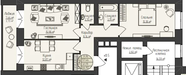 2-комнатная 64 м2 в ЖК Звездный корпус null этаж 2