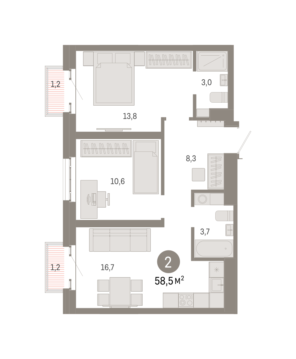 2-комнатная 58 м2 в ЖК Метроном корпус null этаж 14