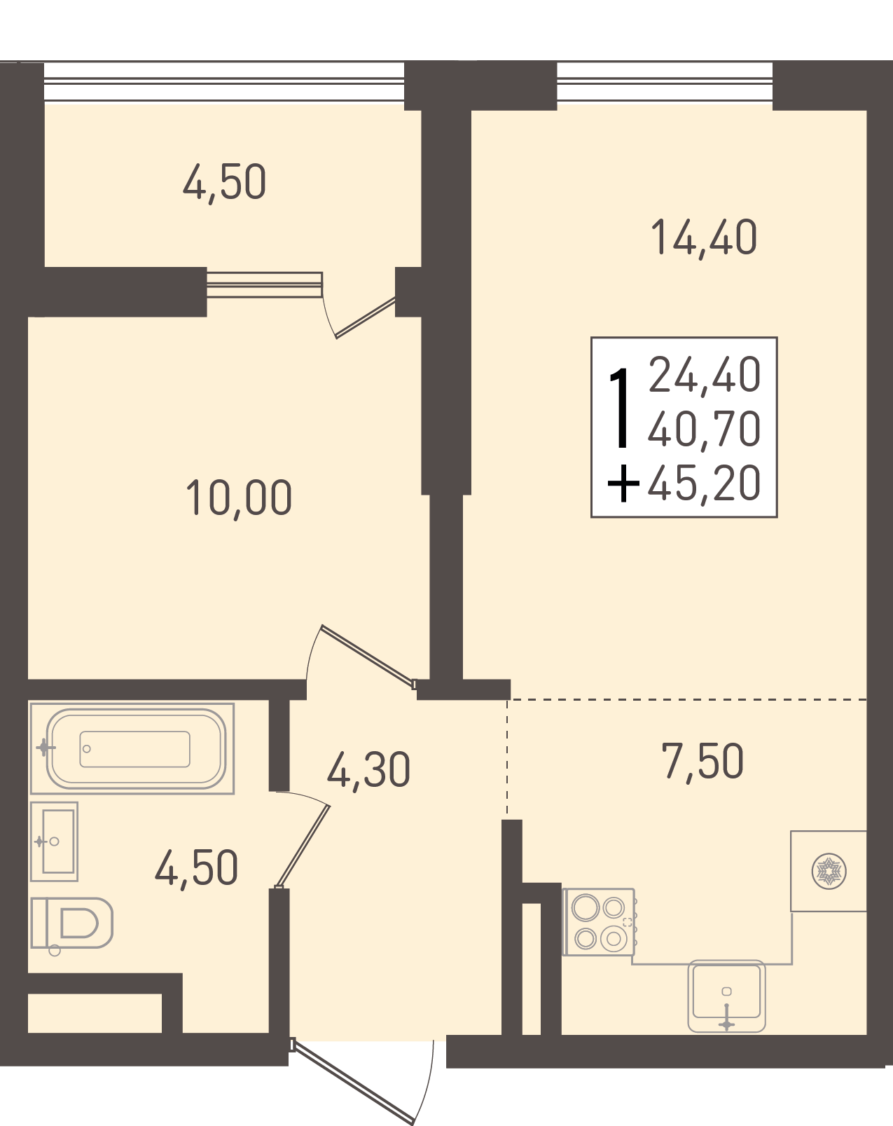 1-комнатная 45 м2 в ЖК Югге корпус null этаж 7