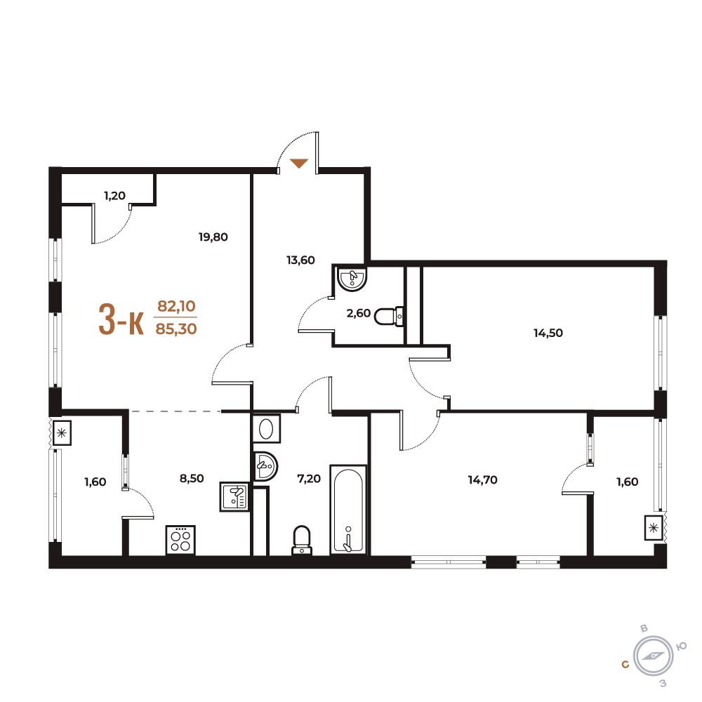 3-комнатная 85 м2 в ЖК Новое Летово корпус null этаж 3
