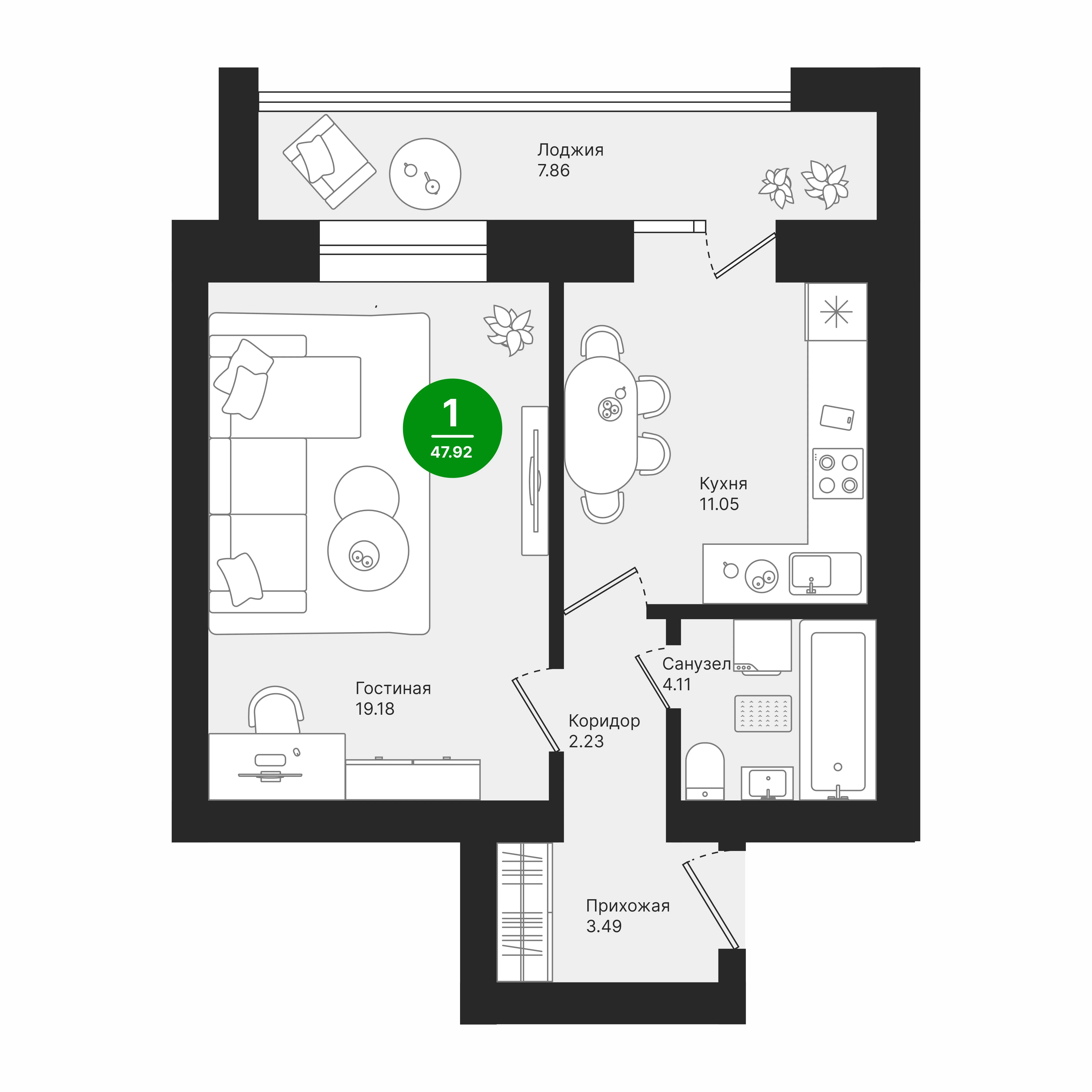 1-комнатная 47 м2 в ЖК Семеновка корпус null этаж 10
