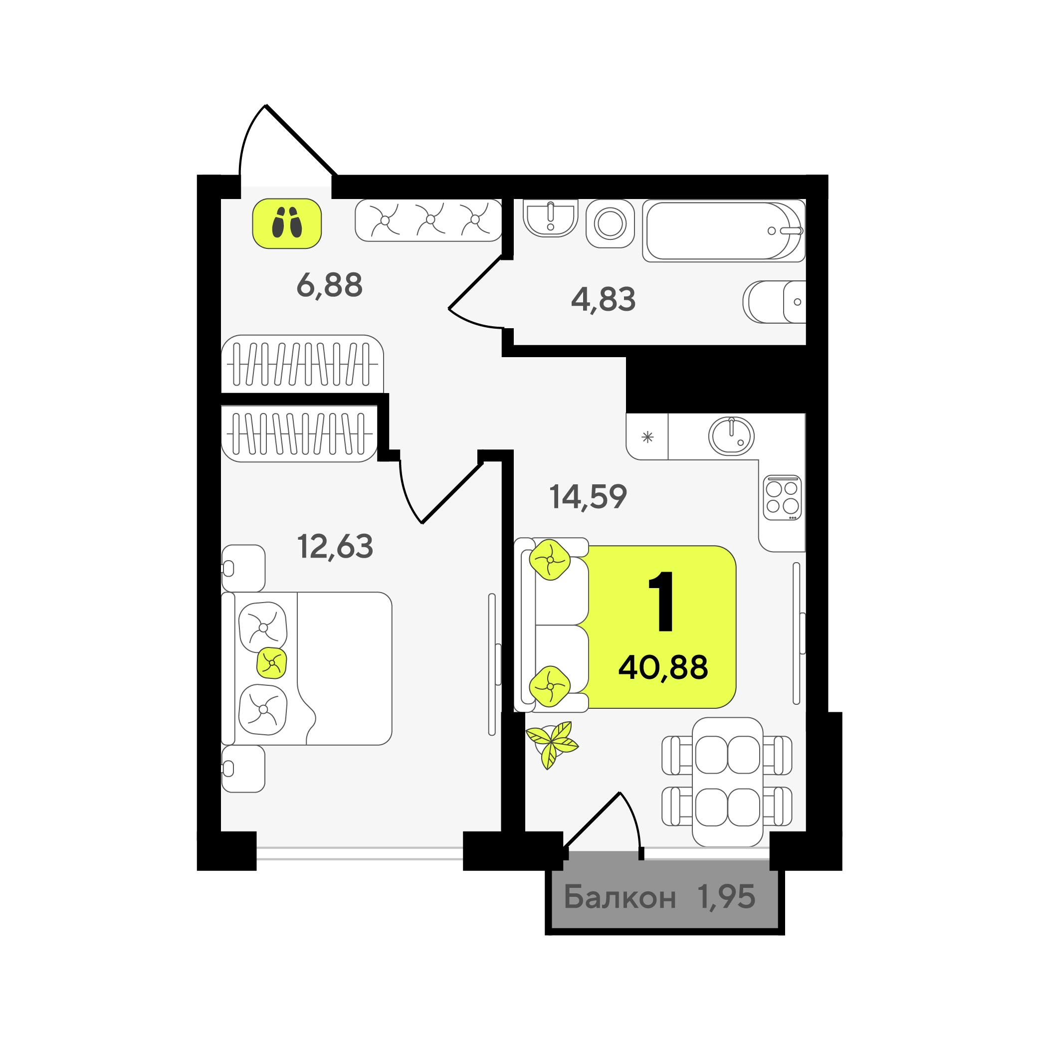 1-комнатная 40 м2 в ЖК Окинава корпус null этаж 4