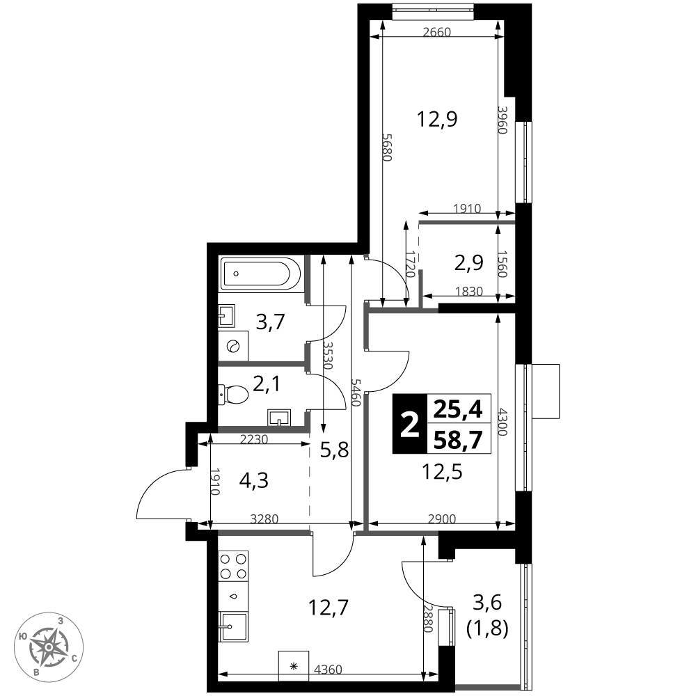 2-комнатная 58 м2 в ЖК 1-й Ясеневский корпус null этаж 10
