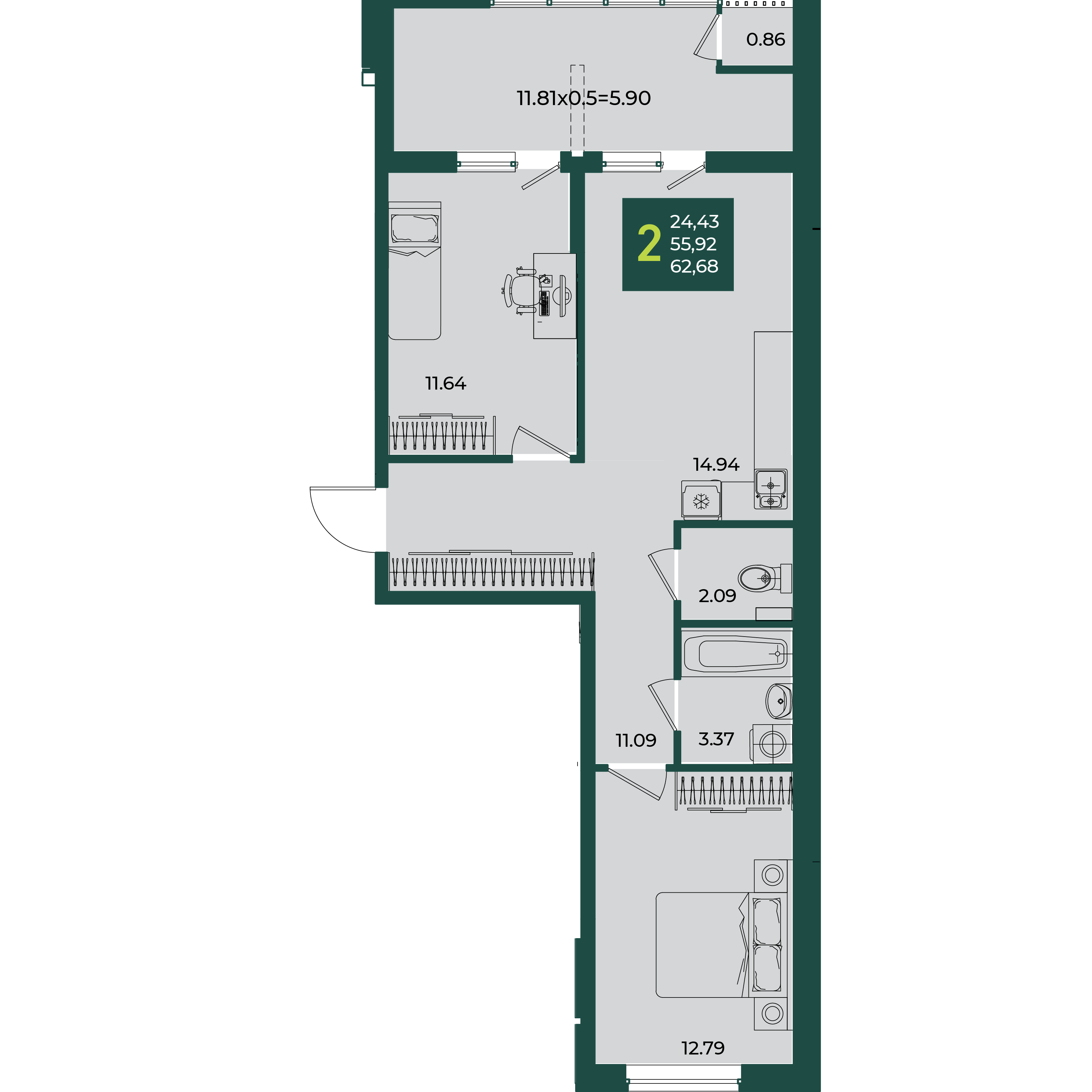 2-комнатная 62 м2 в ЖК Образцово корпус null этаж 2