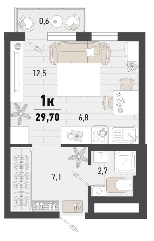 1-комнатная 29.7 м2 в ЖК undefined корпус null этаж 6