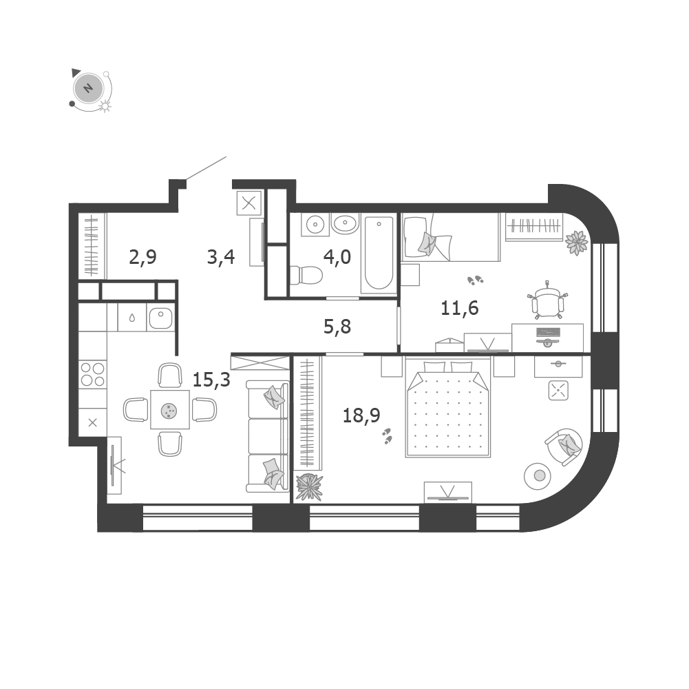 2-комнатная 61 м2 в ЖК Shagal корпус null этаж 10