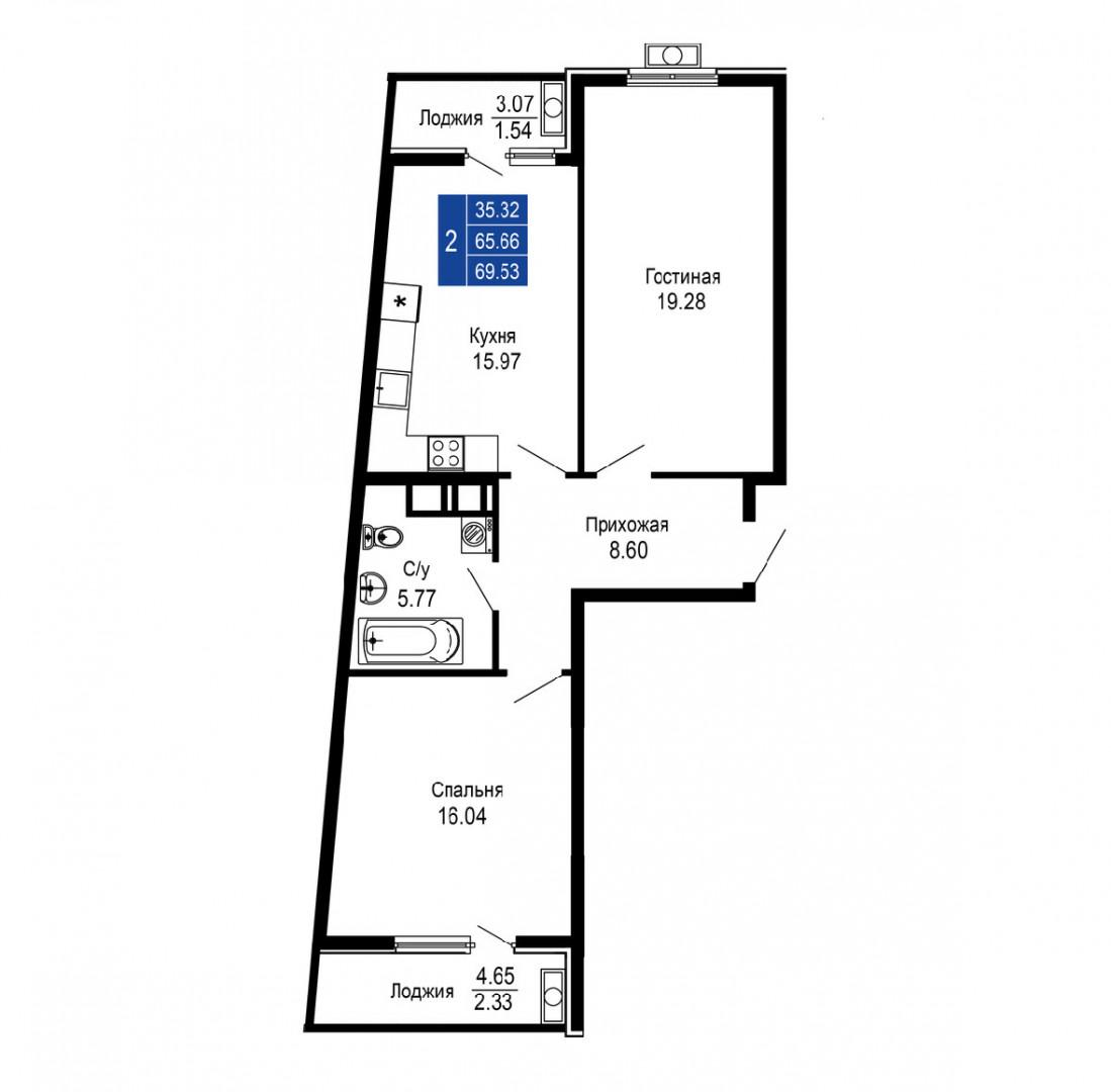 2-комнатная 69.5 м2 в ЖК undefined корпус null этаж 12